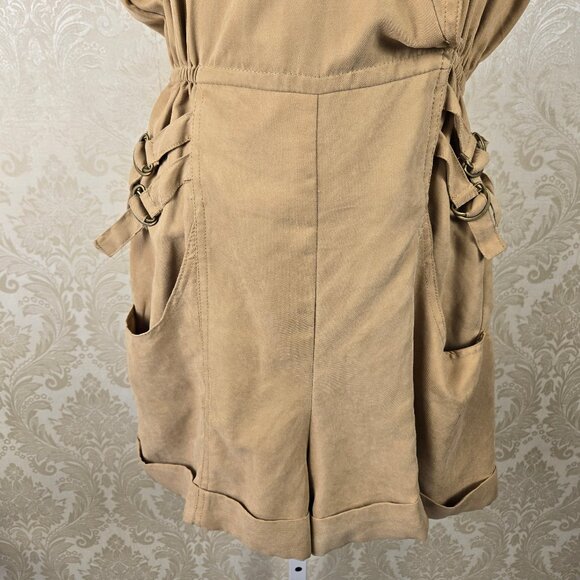 Sweet Color Size Small Tan Romper Shirt Top Elastic Waist Strap Buckle Accents - Picture 3 of 15